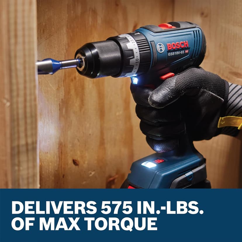 BOSCH GSB18V-65N 1/2 In. Brushless Hammer Drill/Driver - 575 In.-Lbs. Max Torque, Switchable KickBack Control, Rapid Mode Selector, Dual LED Worklights, All-Metal Chuck (Bare Tool)