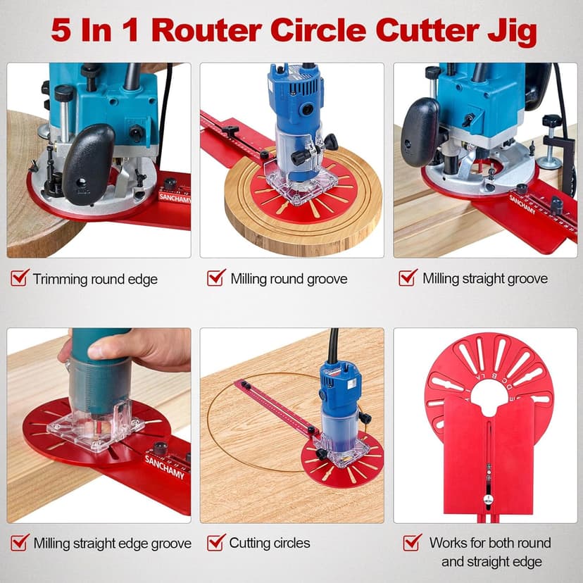 5 In 1 Router Circle Cutting Jig For Cutting/Routing Circle,Aluminum Router Milling Groove Bracket for Straight Or Cylindrical Edges,Adjustable Router Jig and Guide for Woodworking Edging Projects