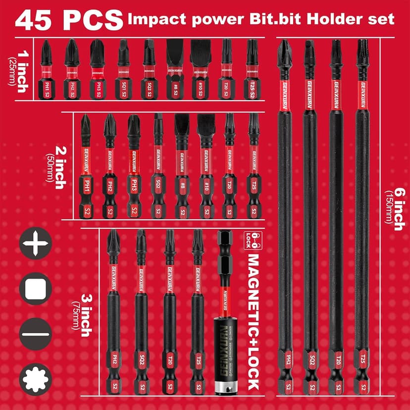 Impact Tough Magnetic Mixed 45Pack Insert Driver Bits, S2 Alloy Steel Screwdriver Power Bits Set with 1Pcs Impact Magnetic Bit Holder