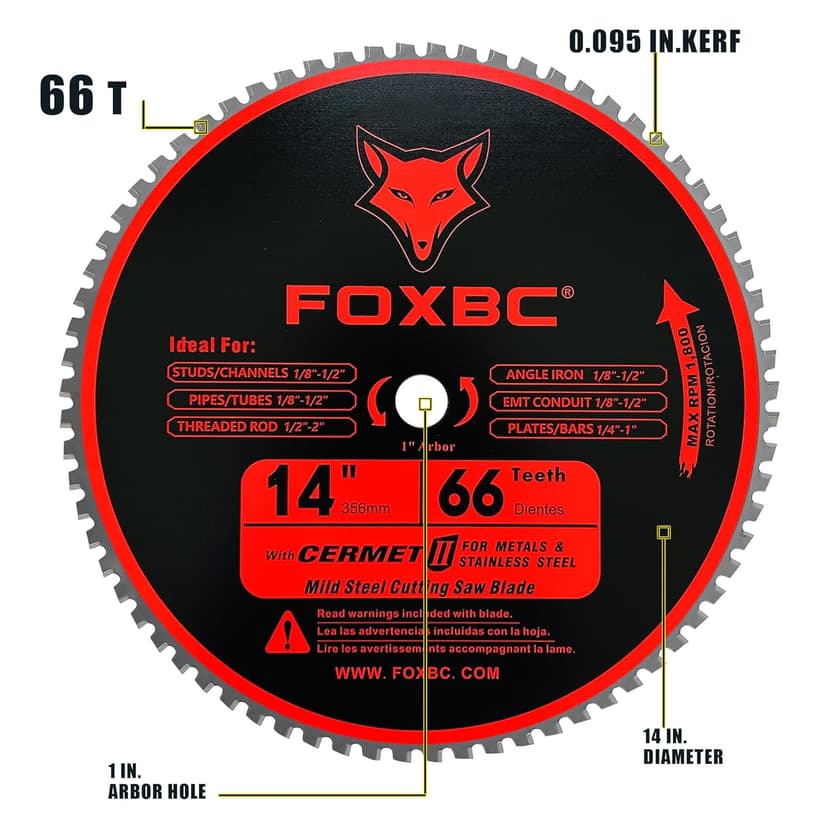 FOXBC 14 Inch Metal Steel Cutting Saw Blade 66 Tooth for Evolution 14 Inch Chop Saw and Other, Cermet Carbide Up to 5X Longer Life