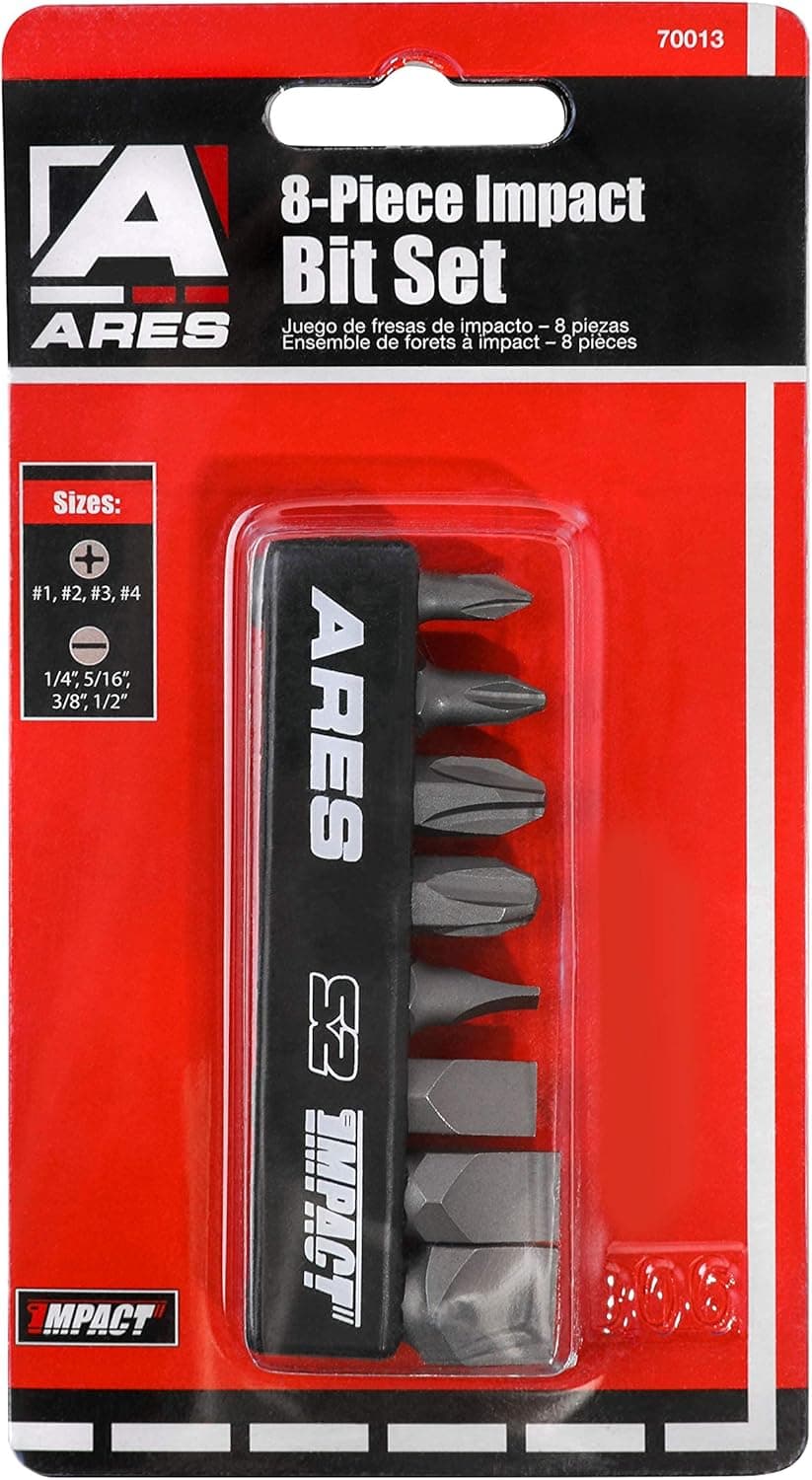 ARES 70013-8-Piece S2 Steel Impact Driver Bit Set - Includes Phillips 1,2,3,4 and Slotted 1/4-Inch, 5/16-Inch, 3/8-Inch and 1/2-Inch Bits - High Alloy S2 Steel Construction