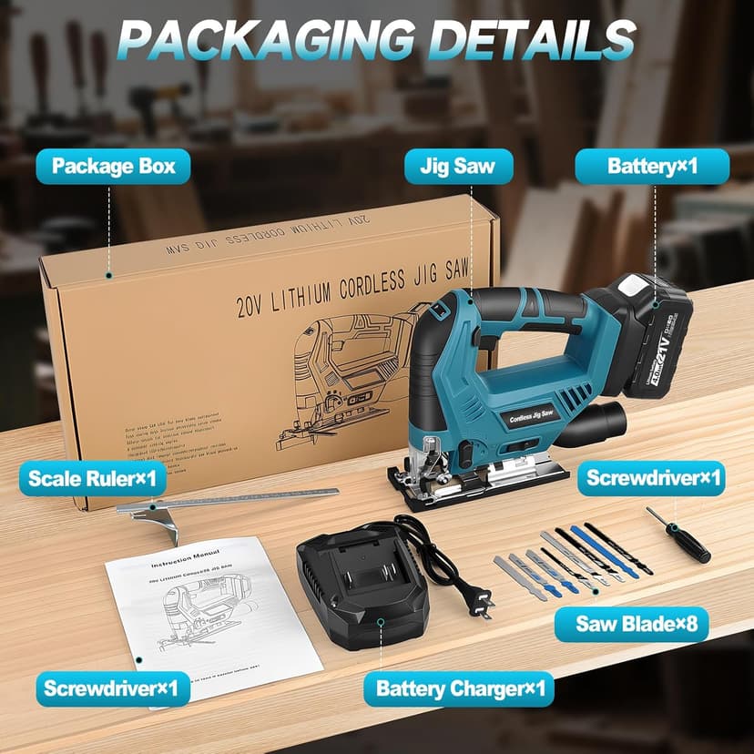 Cordless Jig Saw with 4000mAh Battery, Cordless Jigsaw Tool for Ma-kita 18V Battery, with 7 Blades, Dust Tube, 0°-45° Bevel Cuts & 4 Orbital Setting, LED Light, for Wood PVC Metal Cutting