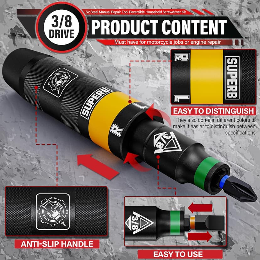 3/8" Hand Reversible Impact Driver Set, Manual Impact Screwdriver Kit, for Removing Damaged, Rusted Screw Bolt & Fasteners, 13PCS