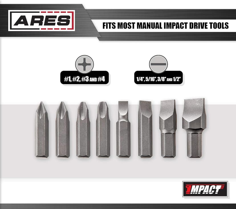 ARES 70013-8-Piece S2 Steel Impact Driver Bit Set - Includes Phillips 1,2,3,4 and Slotted 1/4-Inch, 5/16-Inch, 3/8-Inch and 1/2-Inch Bits - High Alloy S2 Steel Construction