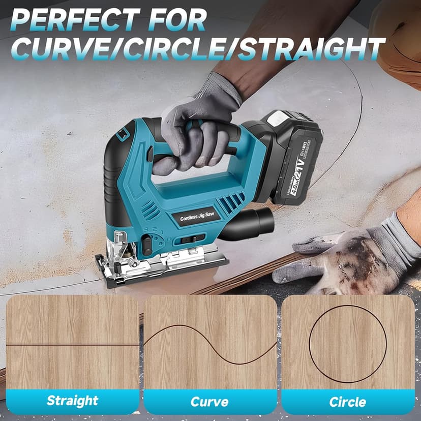 Cordless Jig Saw with 4000mAh Battery, Cordless Jigsaw Tool for Ma-kita 18V Battery, with 7 Blades, Dust Tube, 0°-45° Bevel Cuts & 4 Orbital Setting, LED Light, for Wood PVC Metal Cutting