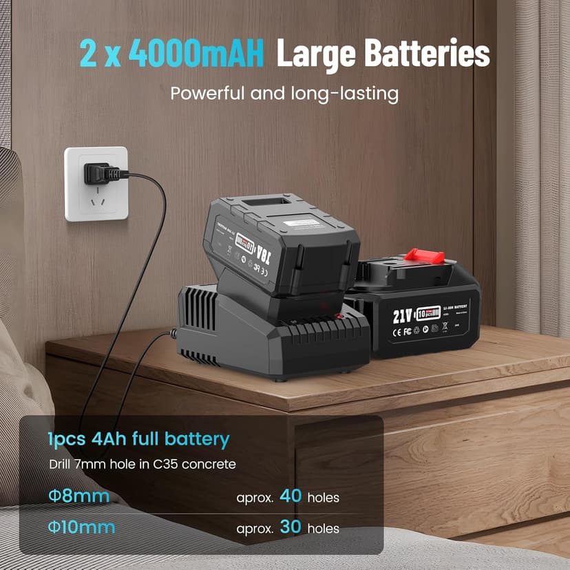 Seesii 21V Cordless Rotary Hammer Drill, 2x4.0Ah Battery Power Hammer with SDS-Plus Change Adapter Including 3 Drill Bits, Flat/Point Chisels Lightweight Electric Hammer Drill for DIY Projects