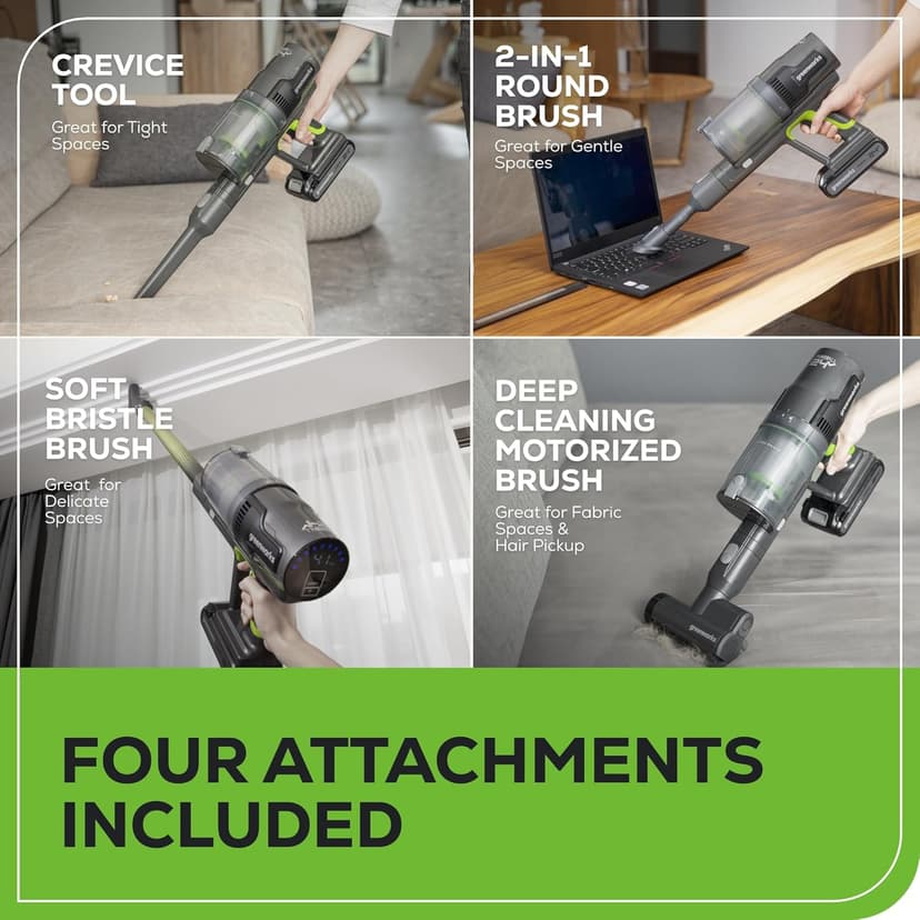 Greenworks 24V Brushless Cordless Stick Vacuum, Lightweight, Handheld, Pet, Anti-Allergen HEPA Filtration, Hard Floor, Carpet, Car, 4Ah Battery, and 30-Minute Charge Time (Green)