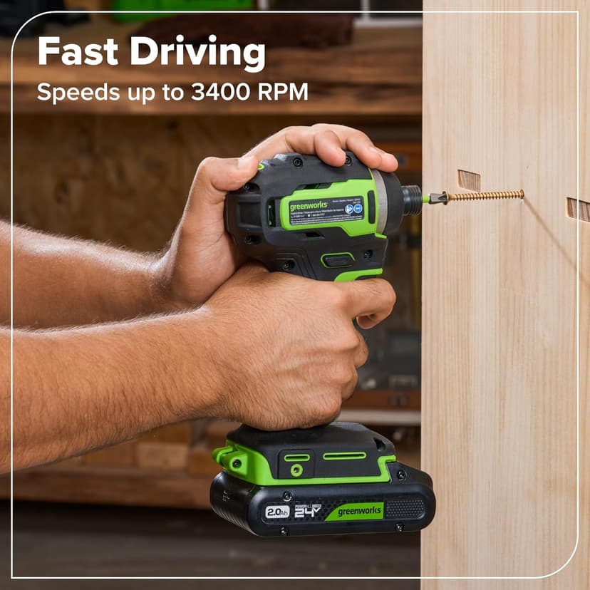 Greenworks 24V Cordless Brushless 400 in-lbs Drill/Driver+1950 in-lbs Impact Driver Combo,High Torque, Lightweight, (2) 2.0Ah USB-C Batteries(12,000mAh Power Bank) and 65W USB-C Fast Charger(3-Port)