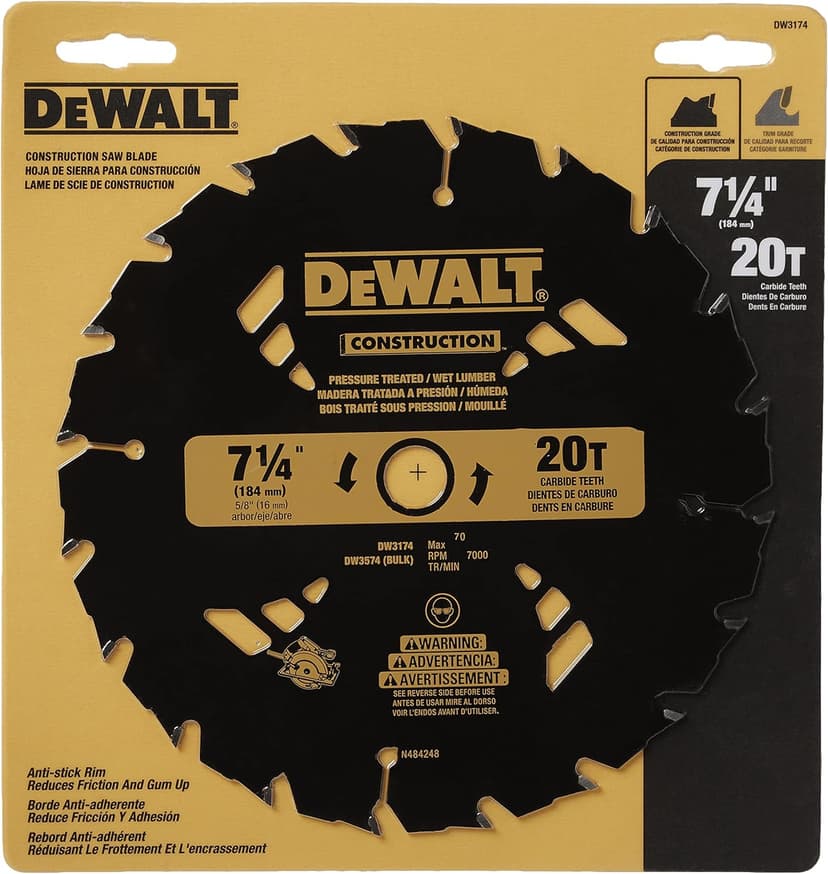 DEWALT 7-1/4" Circular Saw Blade for Pressure Treated and Wet Lumber, ATB, Thin Kerf, 5/8" and Arbor, 20-Tooth (DW3174) , Black