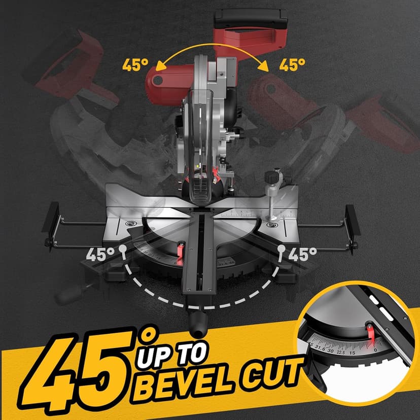 12-Inch Dual-Bevel Sliding Compound Miter Saw, 3800RPM, 15 Amp, Single Bevel 0-45° with Extension Table, 36T Blade, Power Saw for Metal, Plastic, Wood, Laminates