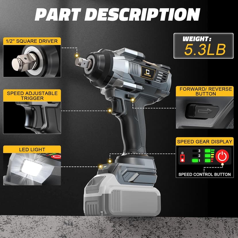 Cordless Impact Wrench 1/2 inch Compatible with Dewalt Battery, 1000FT-LBS (1360N.m) Brushless Electric Impact Gun Includes LED Work Light, 2100RPM High Torque Impact Driver, Bare Tool Only