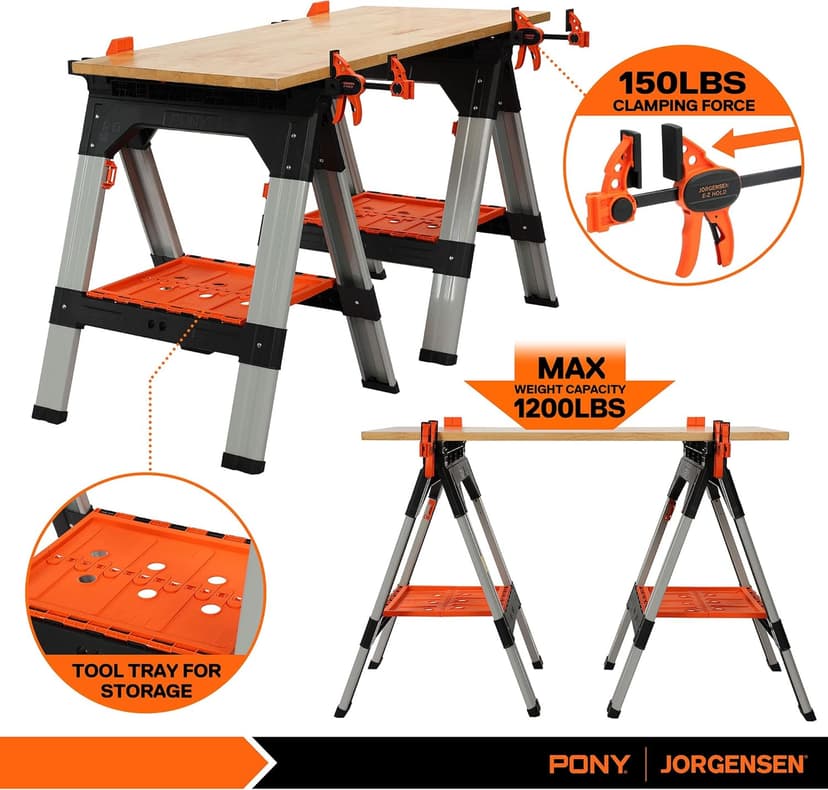 PONY 2-Pack Clamping Sawhorses, 1200 LBS Load Capacity, 30-3/4" Folding Sawhorse with 12” F Clamps, Bench Dogs, Angle Clamps, 2" Spring Clamps, Steel Legs, Heavy Duty for Woodworking