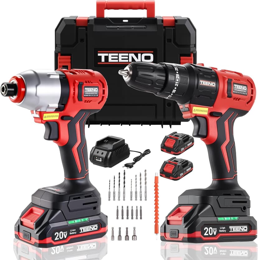 Cordless Drill and Impact Driver, Electric Drill and Impact Driver Combo Kit with 3/8-inch Electric Drill and 1/4-inch Impact Driver with 2 * 1.5A Batteries