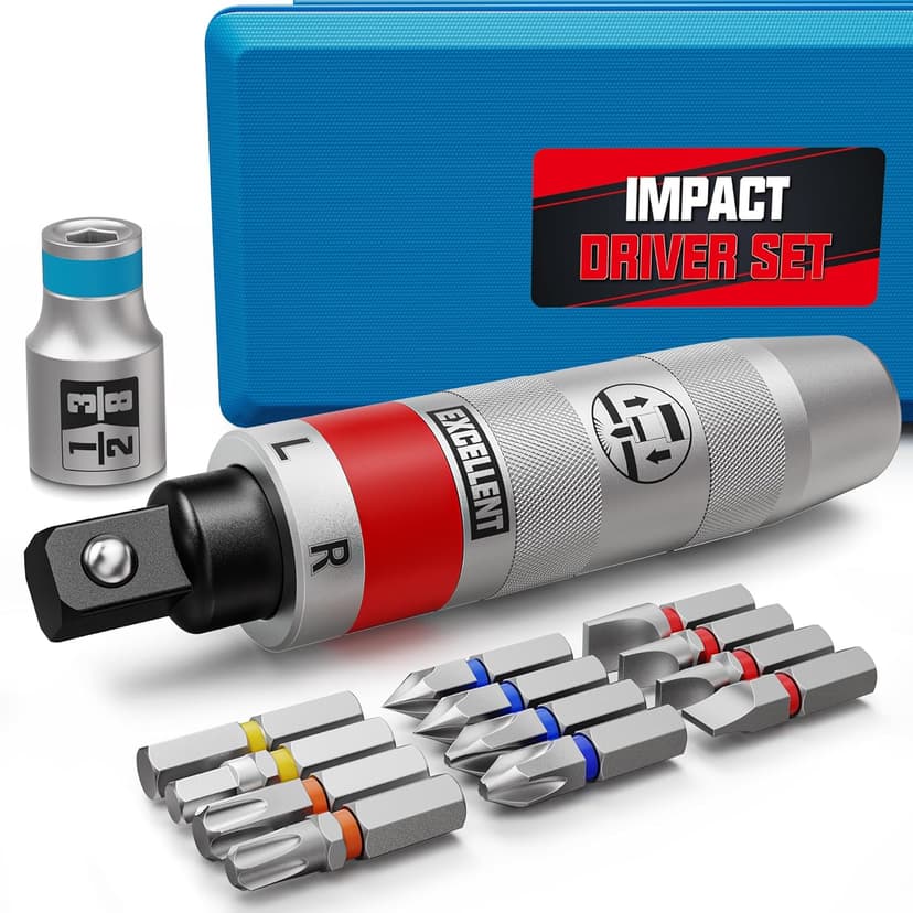13 Piece 1/2" Drive Manual Impact Driver, Reversible Hand Impact Screwdriver Set with Slotted, Hex, Phillips Bit Kit, for Tighten and Rusted Fasteners or Frozen Bolts, with Storage Case