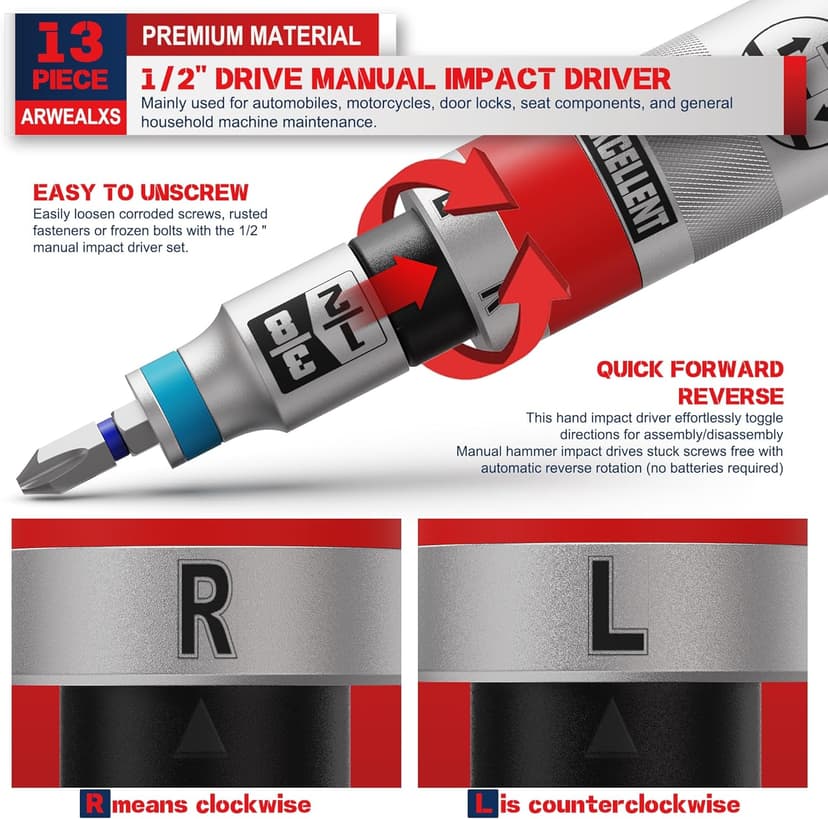 13 Piece 1/2" Drive Manual Impact Driver, Reversible Hand Impact Screwdriver Set with Slotted, Hex, Phillips Bit Kit, for Tighten and Rusted Fasteners or Frozen Bolts, with Storage Case