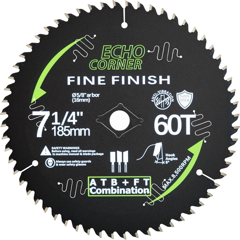 7-1/4 Inch Ultra Finish Circular Saw Blade for Wood, Carbide ATBFT 60T, 5/8" Arbor, Non-Stick Coating