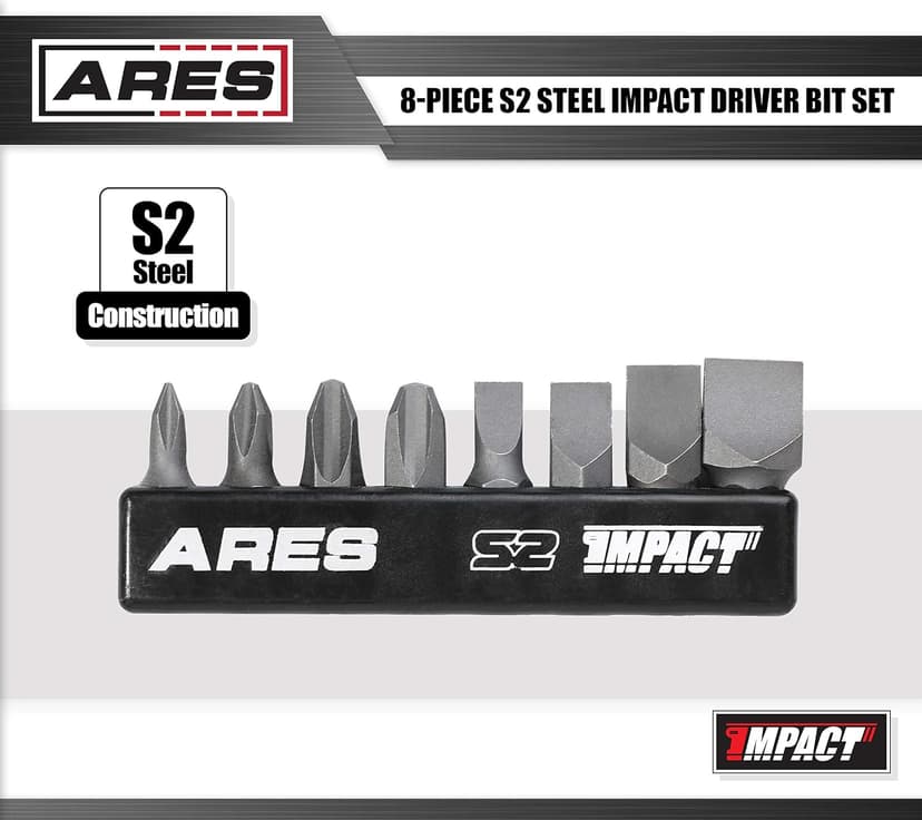 ARES 70013-8-Piece S2 Steel Impact Driver Bit Set - Includes Phillips 1,2,3,4 and Slotted 1/4-Inch, 5/16-Inch, 3/8-Inch and 1/2-Inch Bits - High Alloy S2 Steel Construction