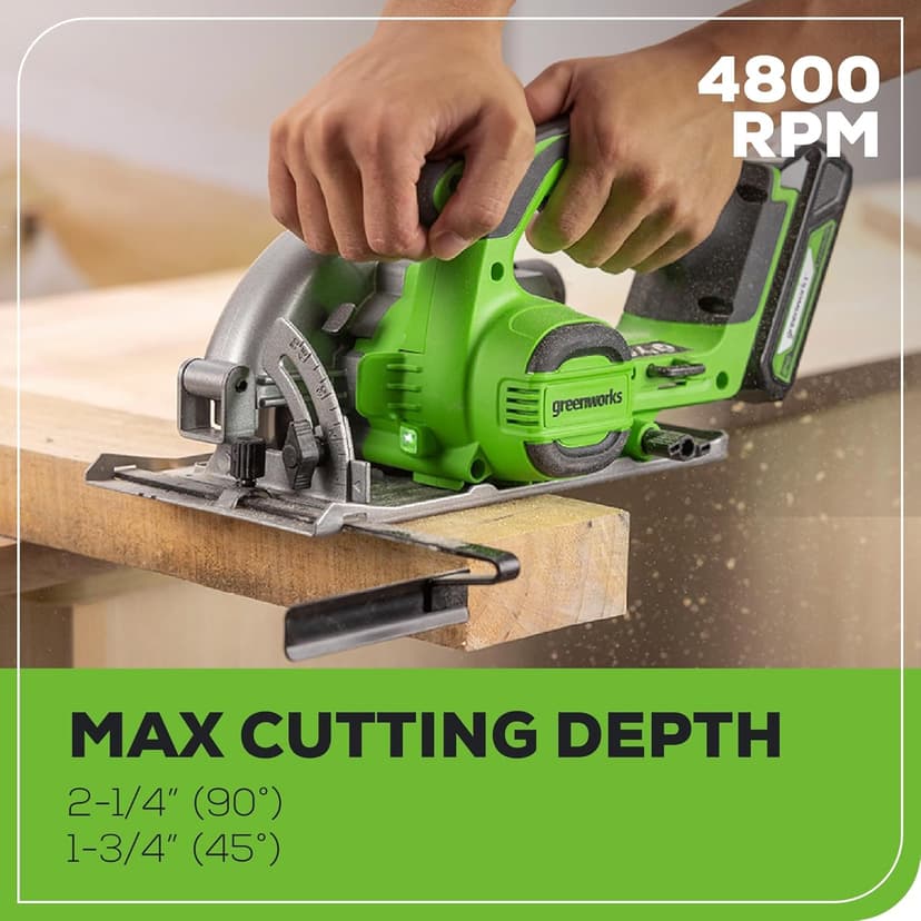 Greenworks 24V Circular Saw,Brushless 6-1/2"Battery Circular saw Cordless,4,800 RPM,Adjustable Cutting Depth 45°/90°,With 24V 2Ah Battery and Charger