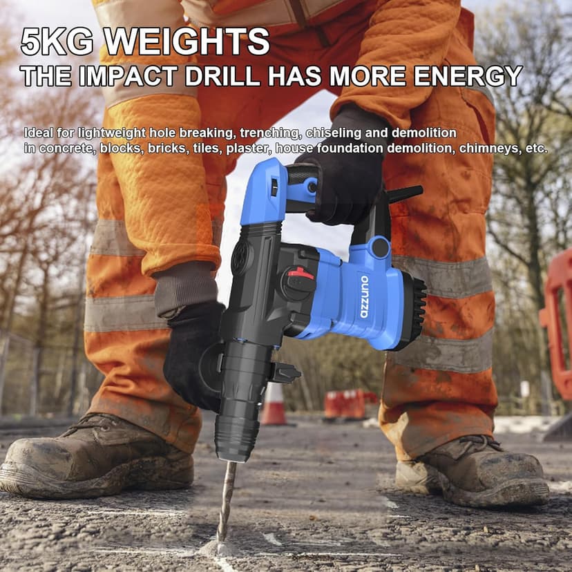 AZZUNO 1-1/4" SDS-Plus 15Amp Heavy Duty Rotary Hammer Drill, 4 Functions, for Drilling in Concrete, Brick and Stone, Includes Chisel and Drill Bits