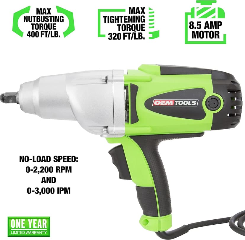 OEMTOOLS 24666 1/2” Drive Heavy Duty Impact Wrench, Corded 120v Impact Driver for Lug Nuts, Home Repairs, Automotive Maintenance, 8.5 Amp Electric Wrench, 400 Ft/Lb Maximum Torque