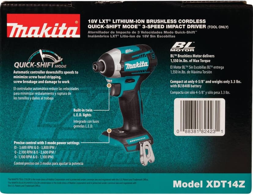 Makita XDT14Z 18V LXT Lithium-Ion Brushless Cordless Quick-Shift Mode 3-Speed Impact Driver, Tool Only,