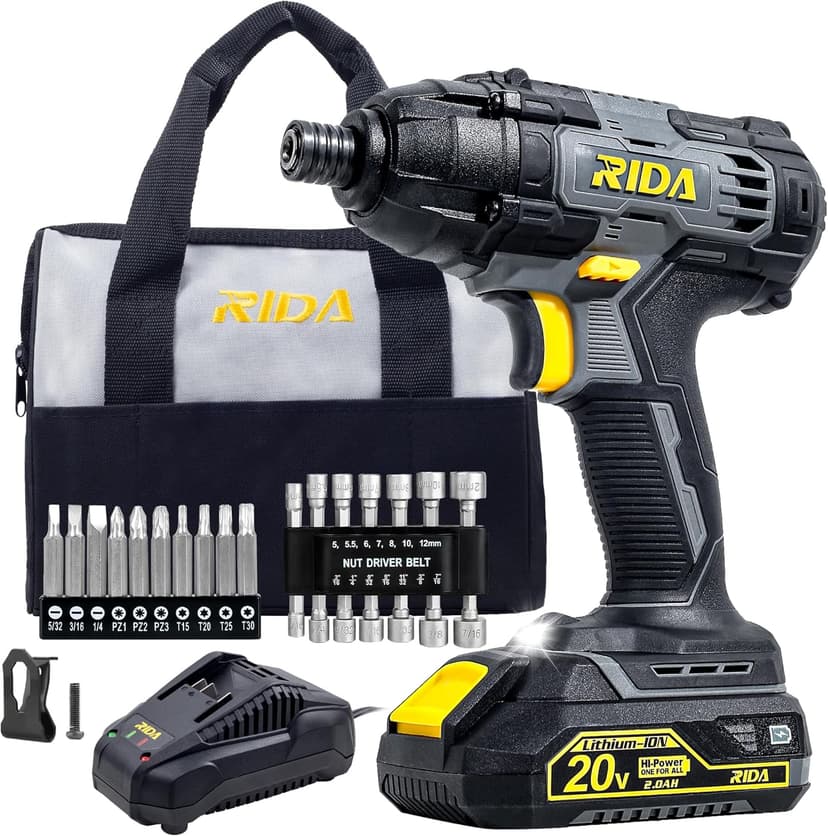 RIDA Impact Driver Kit 180Nm 20V Cordless Impact Drill/Driver Set 1/4" All-Metal Hex Chuck 0-2800RPM Variable Speed, 2000mAh Lithium-ion Battery & 1H Fast Charger, 25 Pcs Driver Bits and Tool Bag