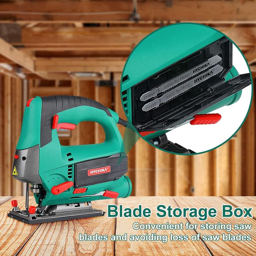 HYCHIKA Jig saw, 6.7A Jig Saw 800-3000SPM with 6 Variable Speeds, 4 Orbital Sets, Bevel Angle 45°, 6PCS Blades, Pure Copper Motor, Laser Guide, Wood Metal Plastic Cutting