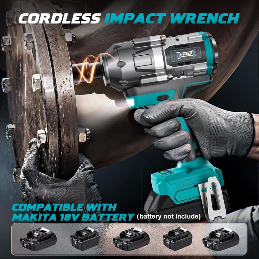 Cordless Impact Wrench 1/2 inch for Makita 18V Battery, 900Ft-lbs Brushless Electric Power Impact Driver Gun Tool, 2100RPM High Torque Impact Wrench with LED Work Light (Tool Only)