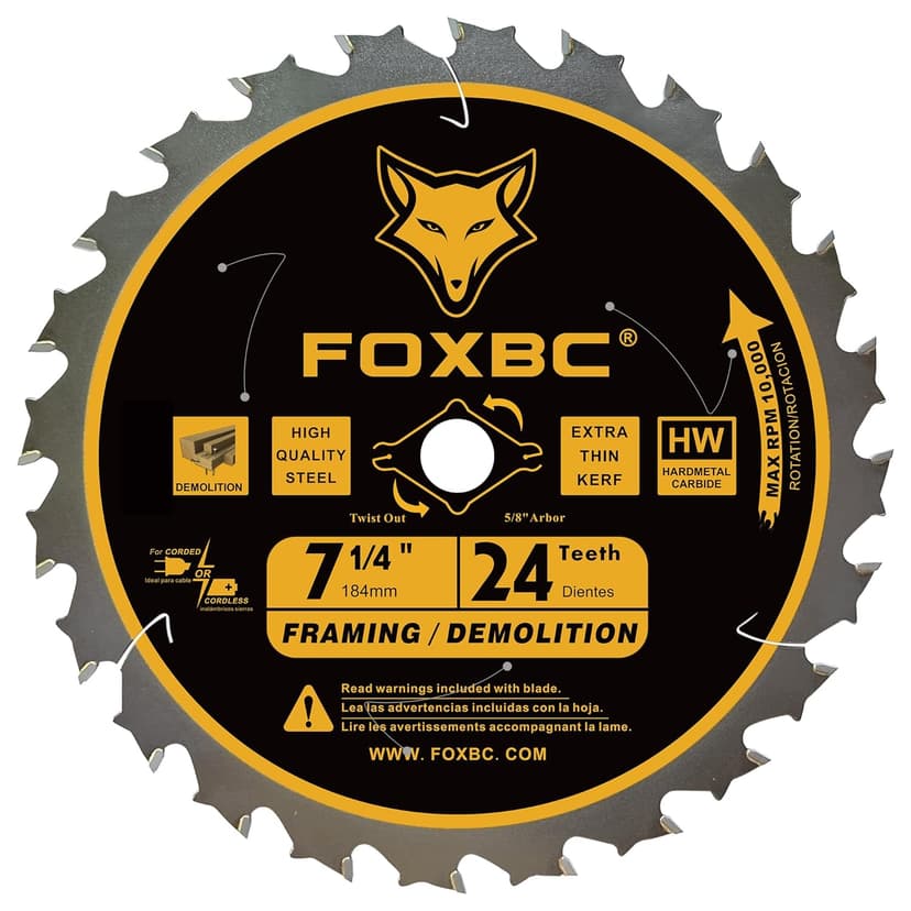FOXBC 7-1/4 inch Circular Saw Blade 24T 60 Tooth ATB Wood Cutting with 5/8" Arbor, Diamond Knockout
