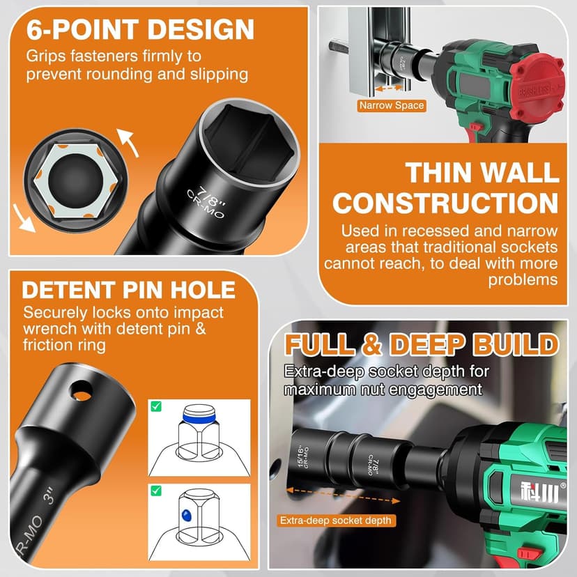 XEWEA 1/2" Drive 15PCS Lug Nut Remover and 6PCS Flip Impact Socket Set, Wheel Lock Removal Kit, Thin Wall Nut Sockets Easy Out Extractor Set for Damaged, Frozen, Rusted, Rounded-Off Bolts