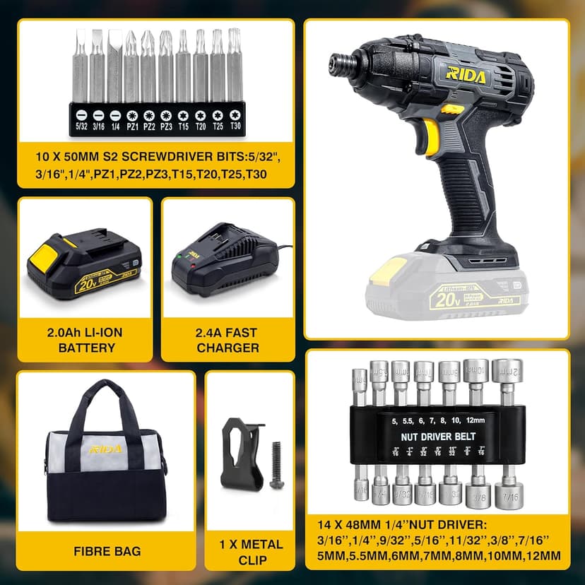 RIDA Impact Driver Kit 180Nm 20V Cordless Impact Drill/Driver Set 1/4" All-Metal Hex Chuck 0-2800RPM Variable Speed, 2000mAh Lithium-ion Battery & 1H Fast Charger, 25 Pcs Driver Bits and Tool Bag