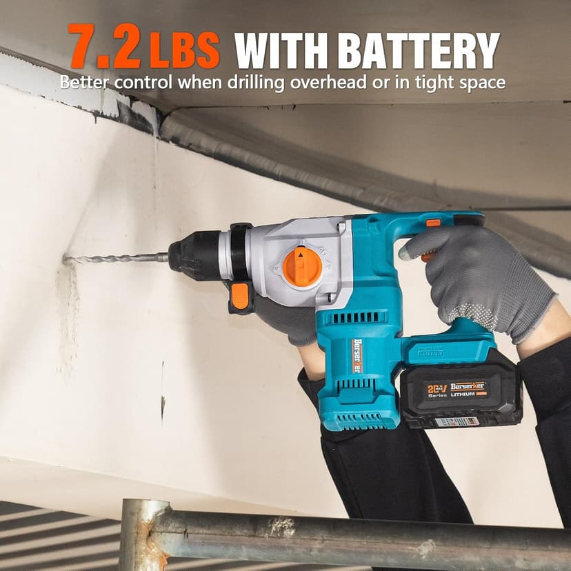 Berserker 20V Cordless 1-1/8" Rotary Hammer Drill SDS-Plus Brushless Motor with Safety Clutch, 4.0Ah Lithium-Ion Battery Powered, 3.0A Fast Charger, 4 Modes Variable Speed Rotomartillo for Concrete