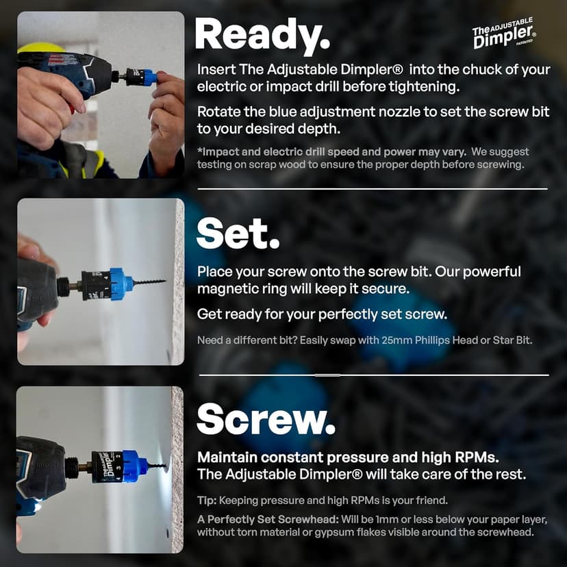 Adjustable DIMPLER ® - Drywall Bit & Screw Gun Attachment, Converts Drill into Drywall Screw Gun or Deck Screwdriver, Magnetic Bit Holder for Fast, Accurate Installation