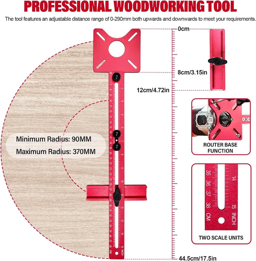 New 4 in 1 Router Milling Groove Bracket, Aluminum Alloy Router Circle Cutting Jig, Multifunctional Router Guide for Cutting Circles, Adjustable Router Jig Tool for Woodworking (Rose Red)