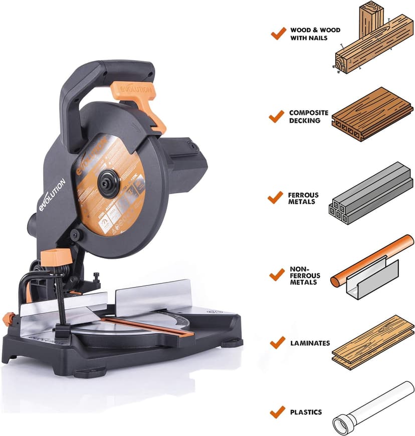 Evolution Power Tools R210CMS Compound Miter Saw, 8-1/4" Multi-Material Cutting TCT Blade Included Cuts Wood Metal Plastic & More, 45° - 45° Degree Miter & 45˚ Degree Bevel Angles, 1200W, 8-1/4"