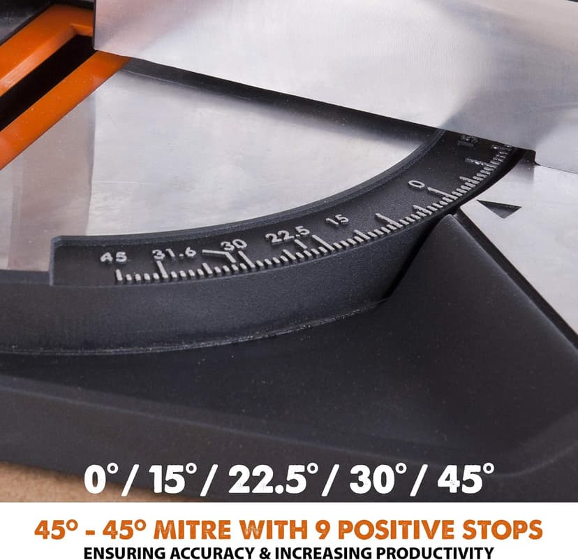 Evolution Power Tools R210CMS Compound Miter Saw, 8-1/4" Multi-Material Cutting TCT Blade Included Cuts Wood Metal Plastic & More, 45° - 45° Degree Miter & 45˚ Degree Bevel Angles, 1200W, 8-1/4"