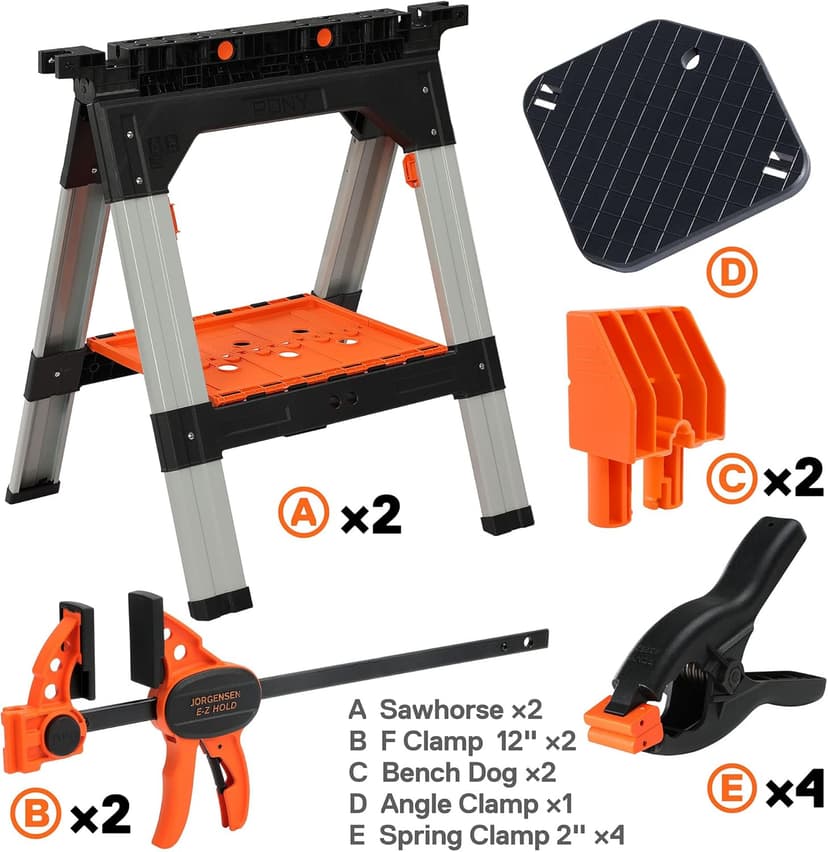 PONY 2-Pack Clamping Sawhorses, 1200 LBS Load Capacity, 30-3/4" Folding Sawhorse with 12” F Clamps, Bench Dogs, Angle Clamps, 2" Spring Clamps, Steel Legs, Heavy Duty for Woodworking