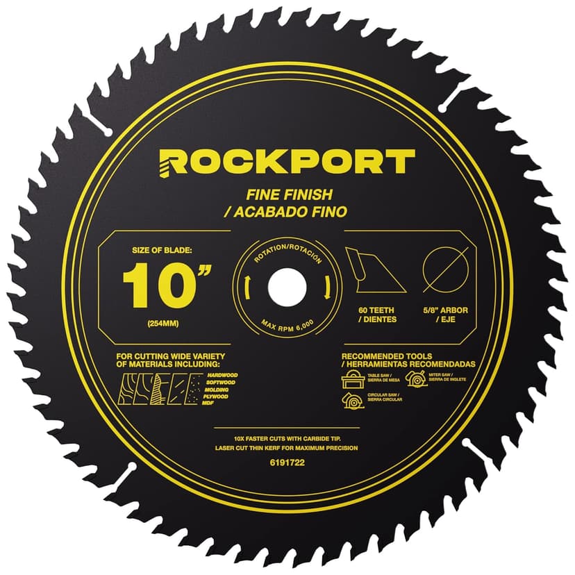ROCKPORT Table Saw Blades 10 inch 60 Teeth - (1 Pack) 10" Table Saw Blades & 10 inch Miter Saw Blades, 5/8" Arbor, Multipupose Carbide Tip Circular Saw Blade for Fine Finish Cutting of Wood & Laminate