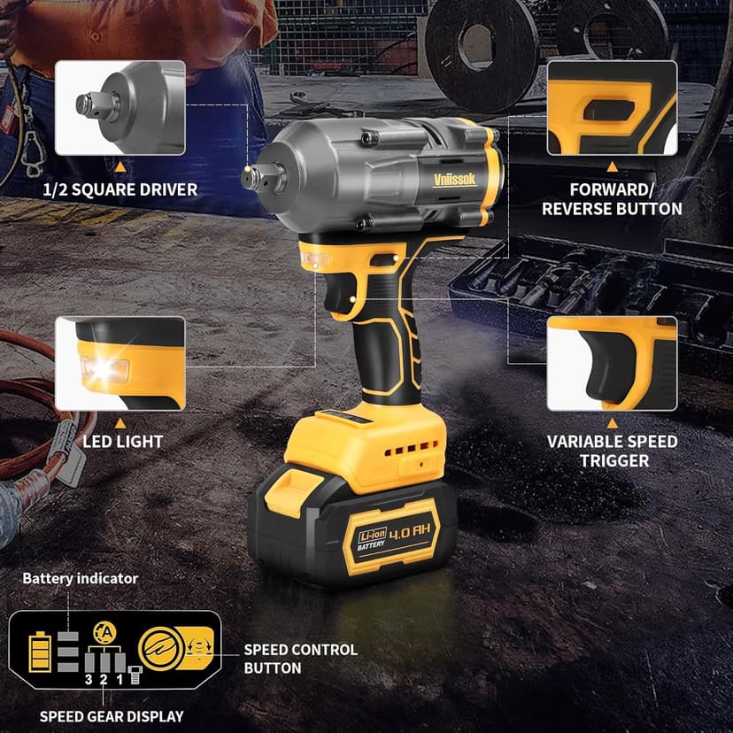 Cordless Impact Wrench 1/2 inch for Dewalt 20V Battery, 1000/1200N.m Impact Driver High Torque Brushless Electric Impact Gun Includes LED Work Light Variable Speeds for Car/Truck RV/Mower