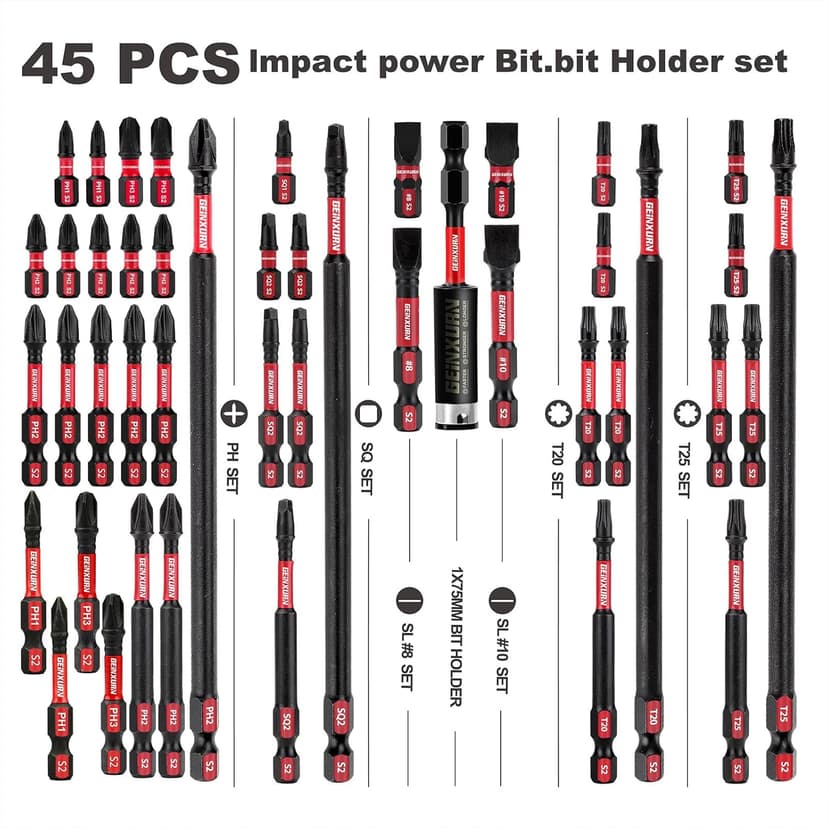 Impact Tough Magnetic Mixed 45Pack Insert Driver Bits, S2 Alloy Steel Screwdriver Power Bits Set with 1Pcs Impact Magnetic Bit Holder