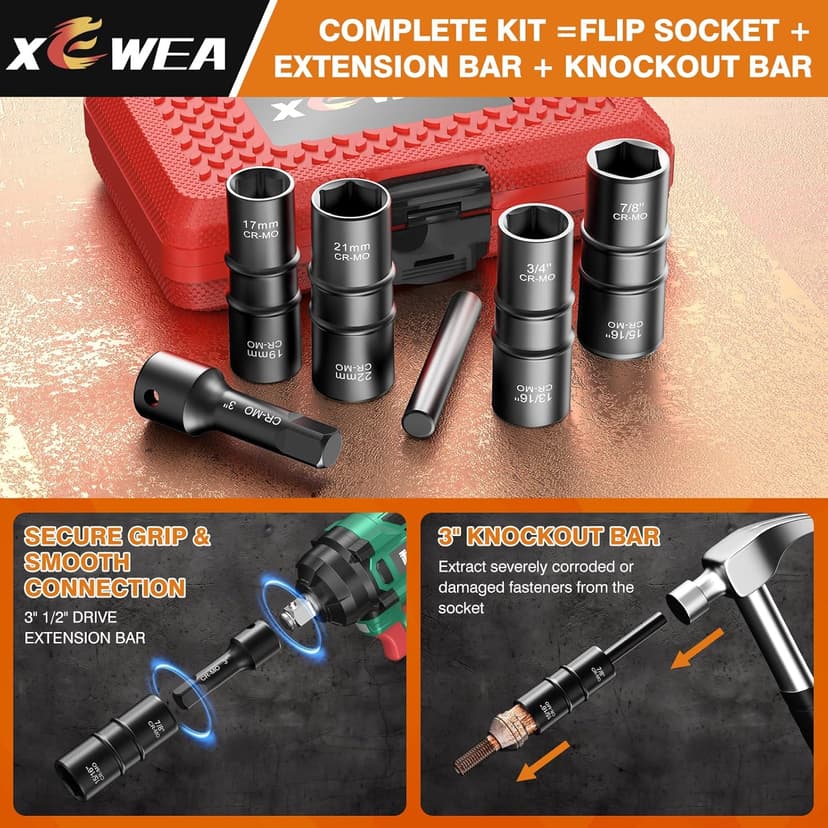 XEWEA 1/2" Drive 15PCS Lug Nut Remover and 6PCS Flip Impact Socket Set, Wheel Lock Removal Kit, Thin Wall Nut Sockets Easy Out Extractor Set for Damaged, Frozen, Rusted, Rounded-Off Bolts