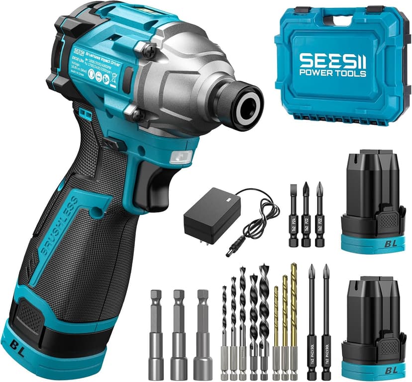 SEESII 16.8V Impact Driver Kit, 1/4" Hex Cordless Impact Driver Set & 2×2.0Ah Batteries, 150N.m Max Torque(1327 In-lbs) Brushless Power Impact Driver w/ 16Pcs Drill Bits, 0-3300RPM Variable Speed