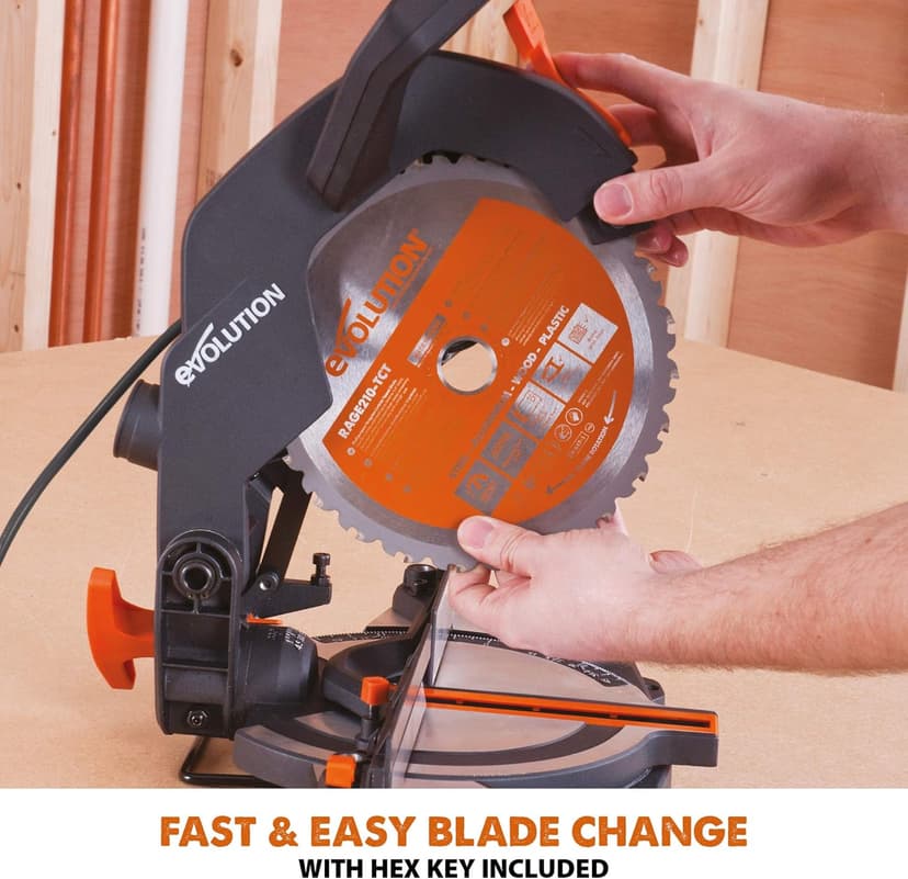 Evolution Power Tools R210CMS Compound Miter Saw, 8-1/4" Multi-Material Cutting TCT Blade Included Cuts Wood Metal Plastic & More, 45° - 45° Degree Miter & 45˚ Degree Bevel Angles, 1200W, 8-1/4"