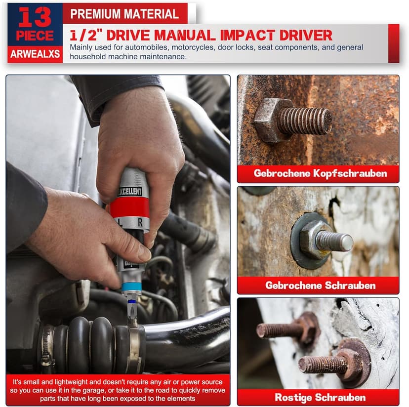 13 Piece 1/2" Drive Manual Impact Driver, Reversible Hand Impact Screwdriver Set with Slotted, Hex, Phillips Bit Kit, for Tighten and Rusted Fasteners or Frozen Bolts, with Storage Case