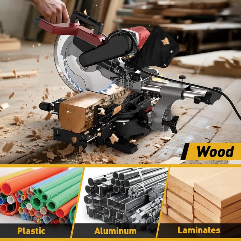 12-Inch Dual-Bevel Sliding Compound Miter Saw, 3800RPM, 15 Amp, Single Bevel 0-45° with Extension Table, 36T Blade, Power Saw for Metal, Plastic, Wood, Laminates