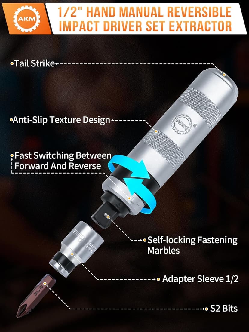 AKM 1/2" Hand Manual Reversible Impact Driver Set Extractor-12 PCS Impact Screwdriver S2 Steel Much More Durable Disengage Rusted Fasteners or Frozen Bolts