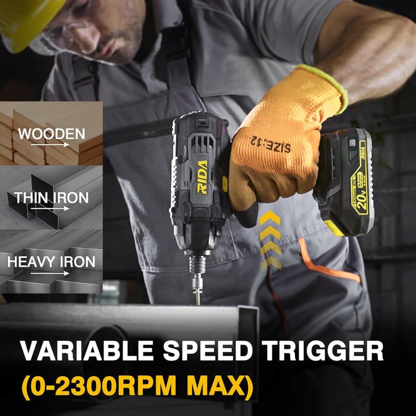 RIDA Impact Driver Kit 180Nm 20V Cordless Impact Drill/Driver Set 1/4" All-Metal Hex Chuck 0-2800RPM Variable Speed, 2000mAh Lithium-ion Battery & 1H Fast Charger, 25 Pcs Driver Bits and Tool Bag