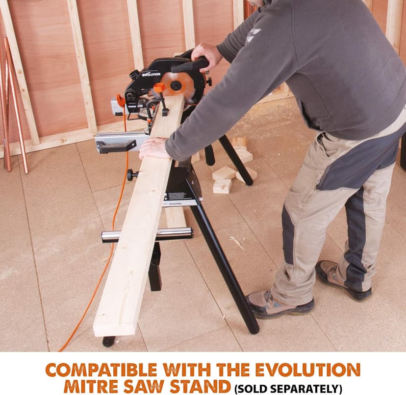 Evolution Power Tools R210CMS Compound Miter Saw, 8-1/4" Multi-Material Cutting TCT Blade Included Cuts Wood Metal Plastic & More, 45° - 45° Degree Miter & 45˚ Degree Bevel Angles, 1200W, 8-1/4"