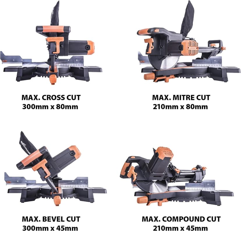 Evolution Power Tools R255SMS+ PLUS 10-Inch Sliding Miter Saw Plus Multi-Material Multi-Purpose Cutting Cuts Metal, Plastic, Wood & More 0˚ - 45˚ Bevel & 50˚ - 50˚ Miter Angles TCT Blade Included