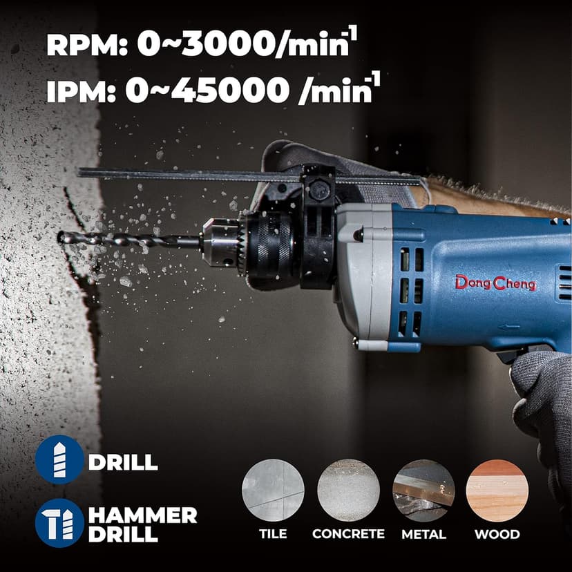 DongCheng Hammer Drill 6A,1/2 Inch Keyed Chuck, 0-3000 RPM/45000 BPM Impact Drill with 15PCS Drilling Bits for Brick Wall, Metal & Wood, DZJ05-13